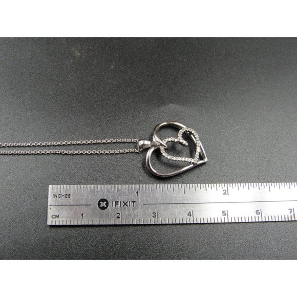 18" Sterling Silver Diamond Chip Heart In Heart Necklace Vintage Minimalist - Picture 6 of 7
